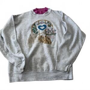 Vintage Cat Sweatshirt Pleasant Shade USA Gray Floral Kitten Graphic Size L